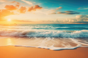 Tropical beach and and golden sunrise sky