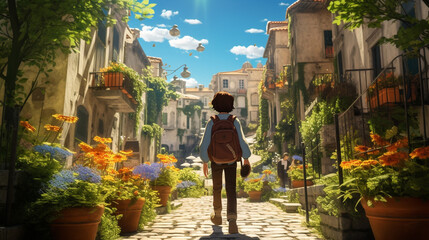 A little traveler taking a leisurely stroll through the quiet streets of a small city.(animation)