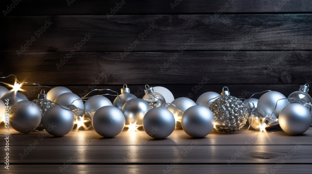 Poster a row of silver and white christmas ornaments on a wooden surface with a string of lights in the mid