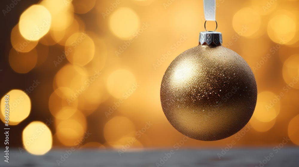 Poster  a gold ornament hanging from a string on a table with a blurry background of lights in the background.