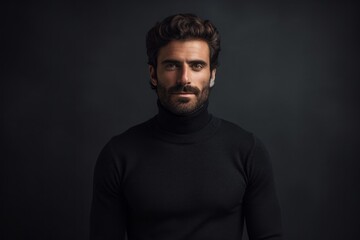 Fototapeta premium Portrait of a content man in his 30s wearing a classic turtleneck sweater against a minimalist or empty room background. AI Generation