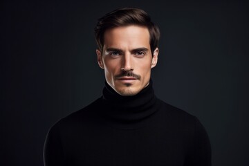 Obraz premium Portrait of a content man in his 30s wearing a classic turtleneck sweater against a minimalist or empty room background. AI Generation