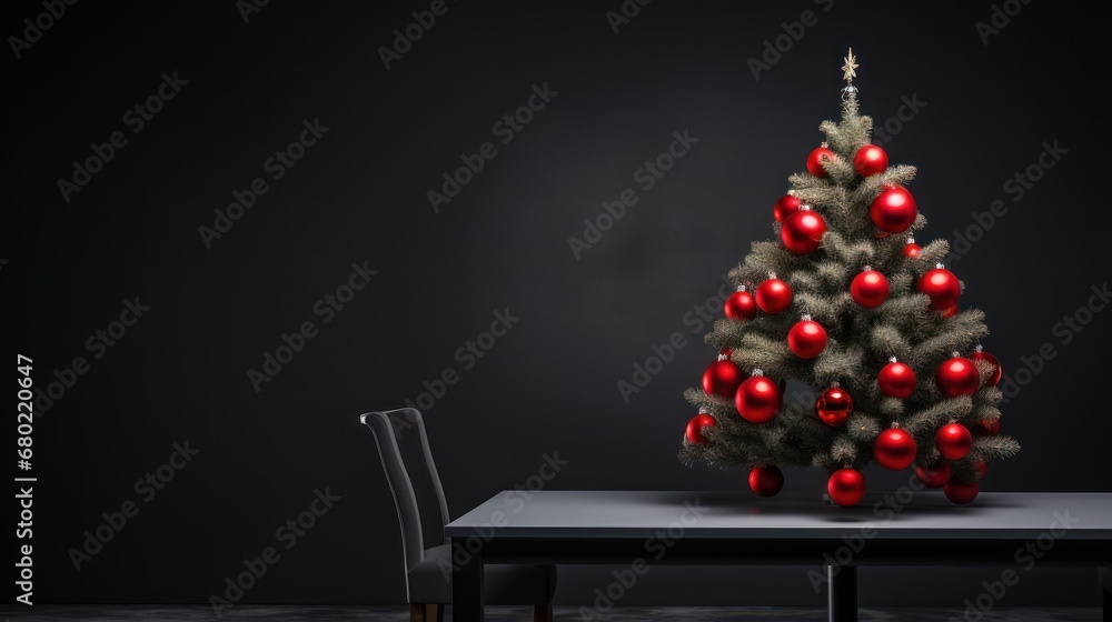 Poster a table with a chair and a small christmas tree with red balls on it in front of a black background.