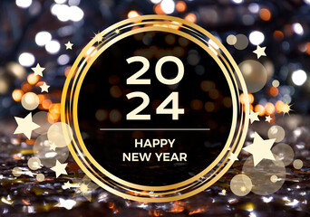 2024 Happy New Year background with christmas golden bokeh lights round frame stock images. New...