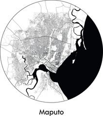 Minimal City Map of Maputo (Mozambique, Africa) black white vector illustration