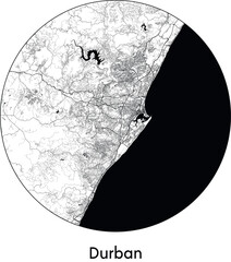 Minimal City Map of Durban (South Africa, Africa) black white vector illustration