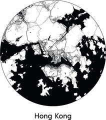 Minimal City Map of Hong Kong (China, Asia) black white vector illustration