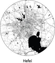 Minimal City Map of Hefei (China, Asia) black white vector illustration