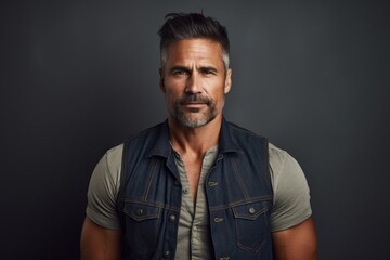 Fototapeta premium Portrait of a content man in his 40s wearing a rugged jean vest against a minimalist or empty room background. AI Generation