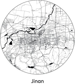 Minimal City Map of Jinan (China, Asia) black white vector illustration