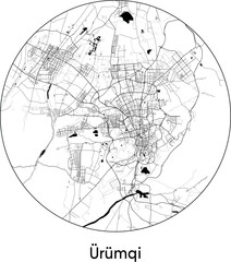 Minimal City Map of Urumqi  (China, Asia) black white vector illustration