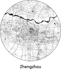 Minimal City Map of Zhengzhou (China, Asia) black white vector illustration
