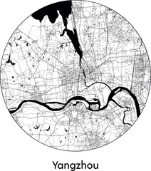 Minimal City Map of Yangzhou (China, Asia) black white vector illustration