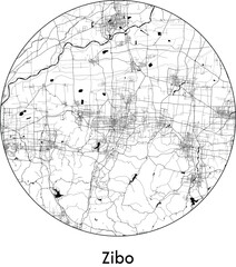 Minimal City Map of Zibo (China, Asia) black white vector illustration
