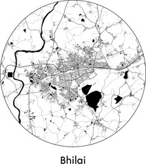 Minimal City Map of Bhilai (India, Asia) black white vector illustration