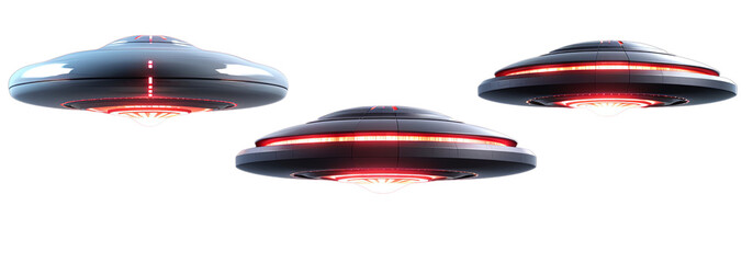 Set of realistic UFOs isolated on transparent background, dark flying object, alien rockets, PNG