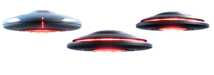 Set of realistic UFOs isolated on transparent background, dark flying object, alien rockets, PNG