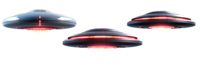 Foto op Plexiglas Set of realistic UFOs isolated on transparent background, dark flying object, alien rockets, PNG © Mei Chen