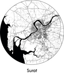 Minimal City Map of Surat (India, Asia) black white vector illustration
