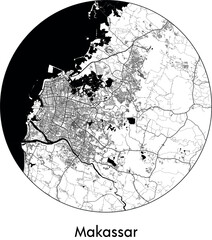 Minimal City Map of Makassar (Indonesia, Asia) black white vector illustration