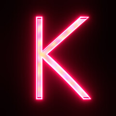 Neon alphabet letter k on black background for education concept