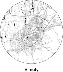 Minimal City Map of Almaty (Kazakhstan, Asia) black white vector illustration