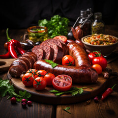 smoked sausage with smoke, cooked on fire. meat product. sausages and vegetables, snacks.