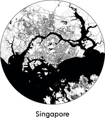 Minimal City Map of Singapore (Singapore, Asia) black white vector illustration