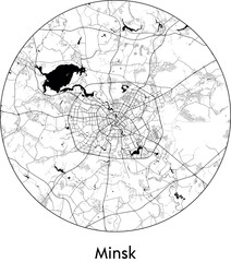 Minimal City Map of Minsk (Belarus, Europe) black white vector illustration