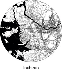 Minimal City Map of Incheon (South Korea, Asia) black white vector illustration - obrazy, fototapety, plakaty