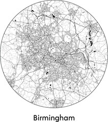Minimal City Map of Birmingham (United Kingdom, Europe) black white vector illustration
