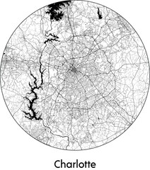 Minimal City Map of Charlotte (United States, North America) black white vector illustration