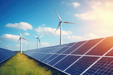 Solar panels and wind turbines.