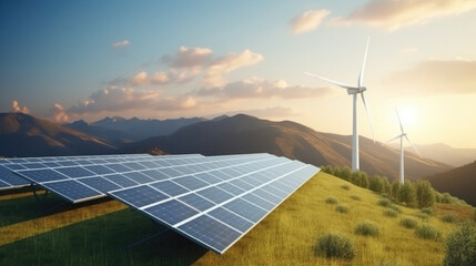 Solar panels and wind turbines. - obrazy, fototapety, plakaty