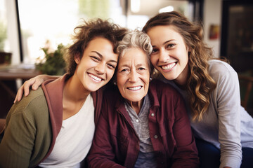 Three smiling women embracing each other