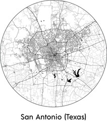 Minimal City Map of San Antonio Texas (United States, North America) black white vector illustration