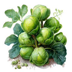 Naklejka premium Crunchy Brussels Sprout Delight: Watercolor-Styled Clip Art Isolated on Transparent Background