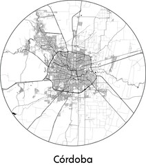 Minimal City Map of Cordoba (Argentina, South America) black white vector illustration - obrazy, fototapety, plakaty