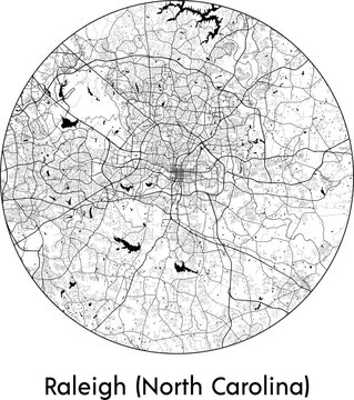 Minimal City Map of Raleigh North Carolina (United States, North America) black white vector illustration