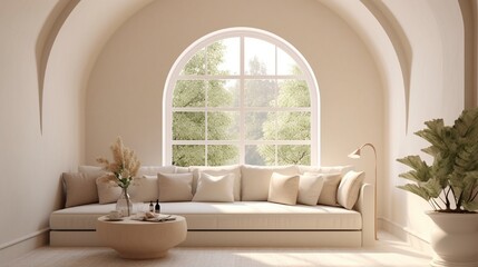 Visualize a contemporary living area featuring a comfortable curved sofa elegantly placed beneath an arched window. The beige walls create a soothing ambiance