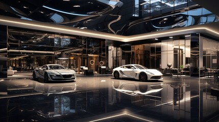 A high-end car showroom with a glossy, reflective ceiling showcasing luxury automobiles.