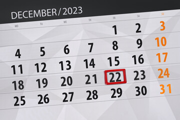 Fototapeta premium Calendar 2023, deadline, day, month, page, organizer, date, December, friday, number 22