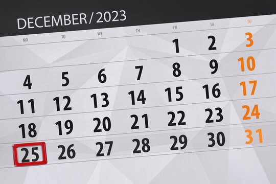 Calendar 2023, deadline, day, month, page, organizer, date, December, monday, number 25