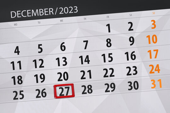 Calendar 2023, deadline, day, month, page, organizer, date, December, wednesday, number 27