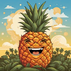 Cheerful pineapple. on a neutral background with copy space. Concept: illustration about summer drinks, vegetarian food and children's activities