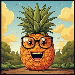 Cheerful pineapple in glasses with a smile on a neutral background with copy space. Concept: illustration about summer drinks, vegetarian food and children's activities