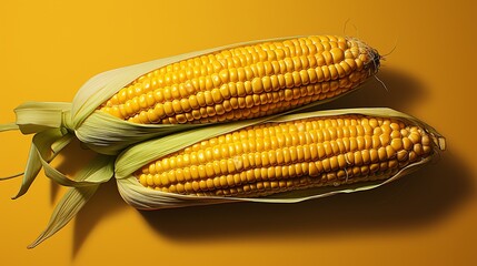 Sweet corn is bright yellow in color. The grains of a tasty plant. Growing food on the cob. Concept: growing cereals, plant-based and healthy vegetarian. Banner with copy space on a yellow background