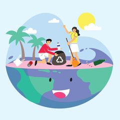 Obraz na płótnie Canvas Vector people cleaning up the beach concept flat illustration with man and woman cleaning up trash