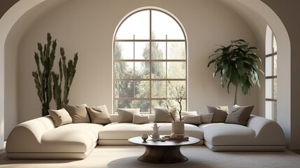 Visualize a contemporary living area featuring a comfortable curved sofa elegantly placed beneath an arched window. The beige walls create a soothing ambiance