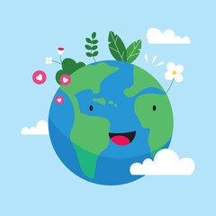Vector world environment day concept flat illustration with earth is smiling and happy